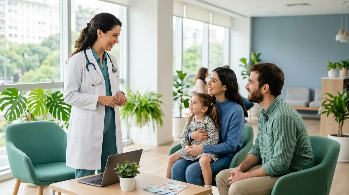 Médica conversando con una familia en un consultorio luminoso