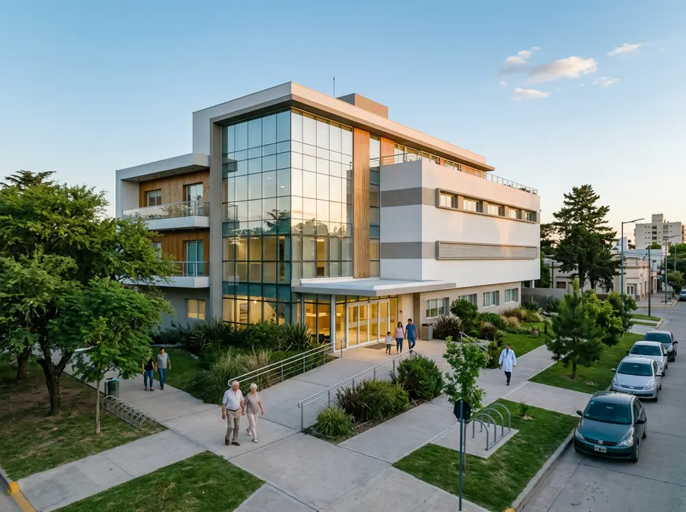 Centro médico moderno en una ciudad del interior al atardecer